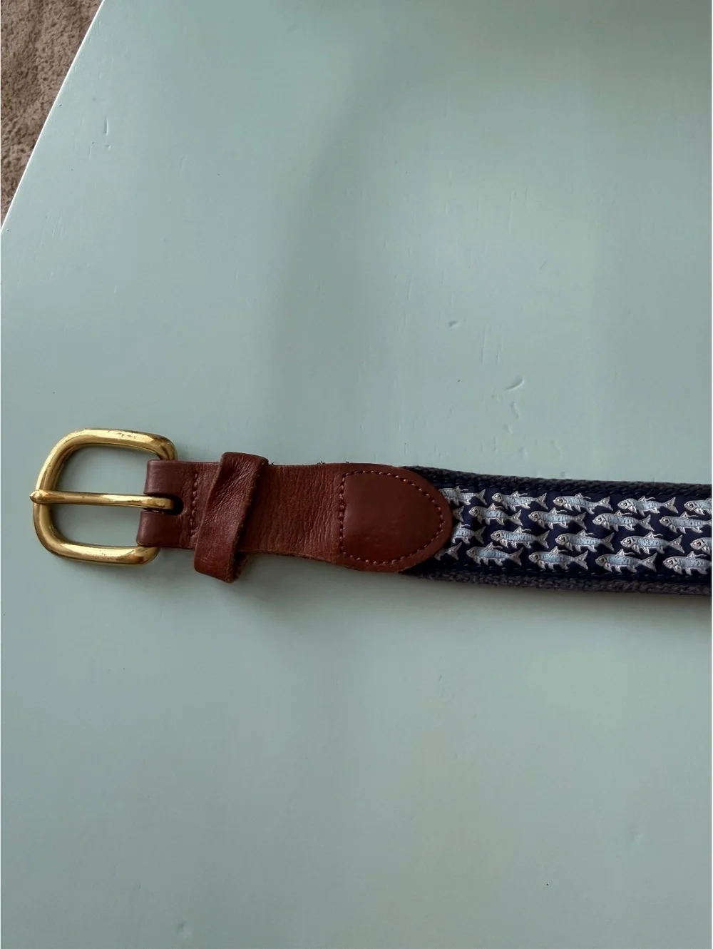 Navy Blue Fish Pattern Woven Belt with Brown Leather Accents Size 32